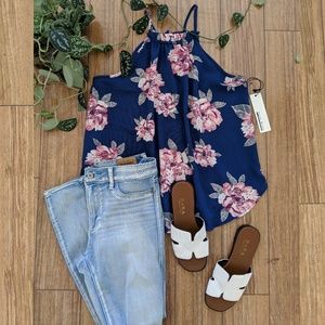 💕Blue Floral Spring Halter Top w/Ruffle - Small
